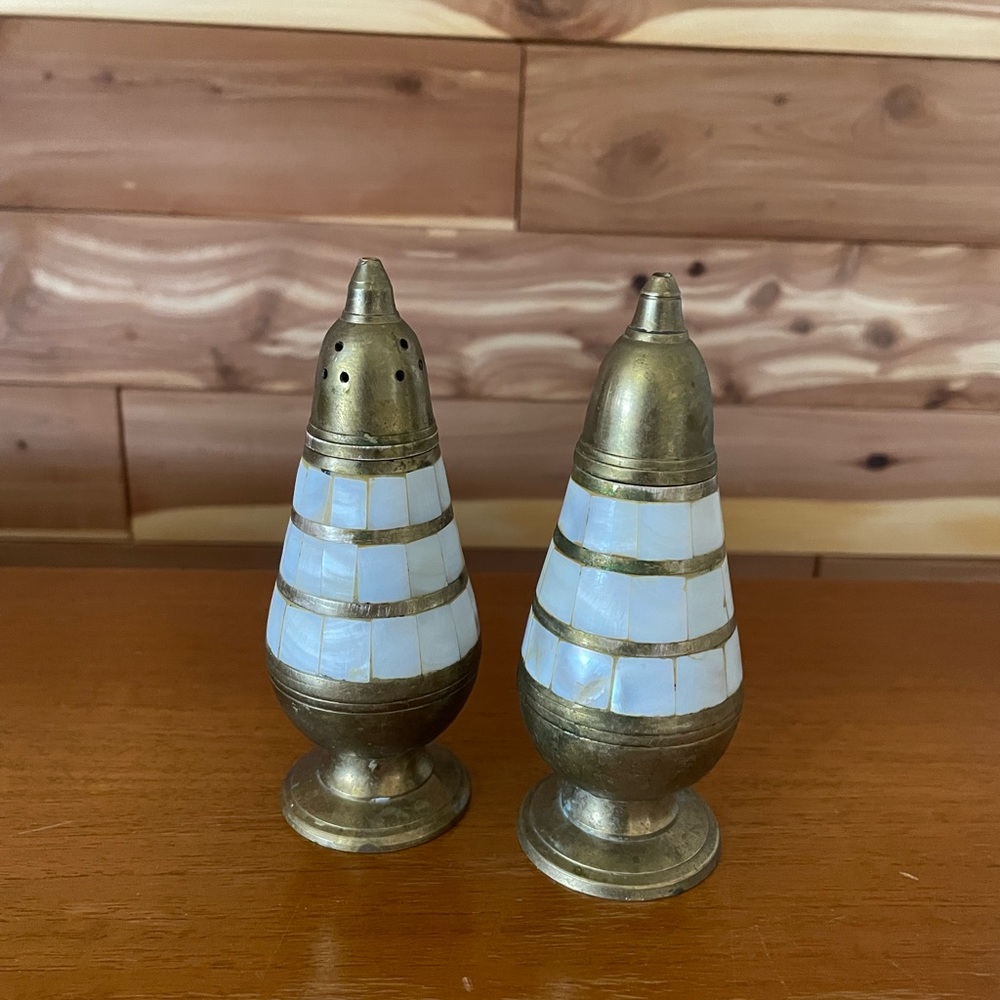 Vintage Brass and White Salt and Pepper Shakers